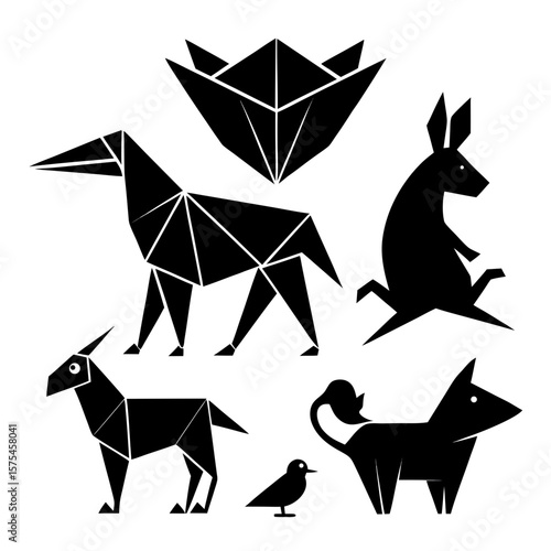 Black origami animal silhouettes collection animals white