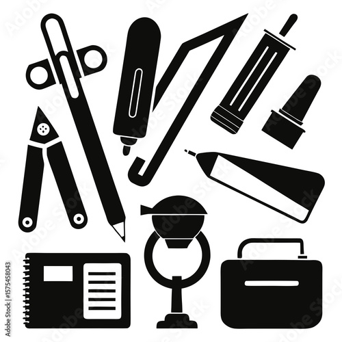 Black office supplies collection pen stapler notebook briefcase stationery pencil