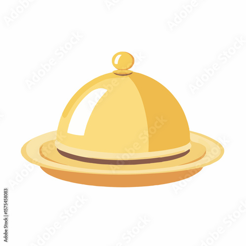 Flat minimal clipart of golden tray with dome, perfect for restaurant packaging, greeting cards and home decor
