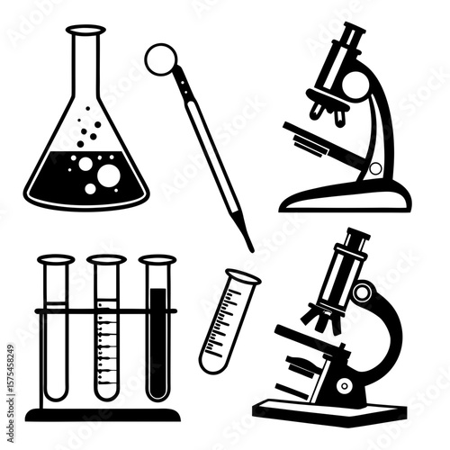 Black science laboratory equipment silhouettes beaker test tubes