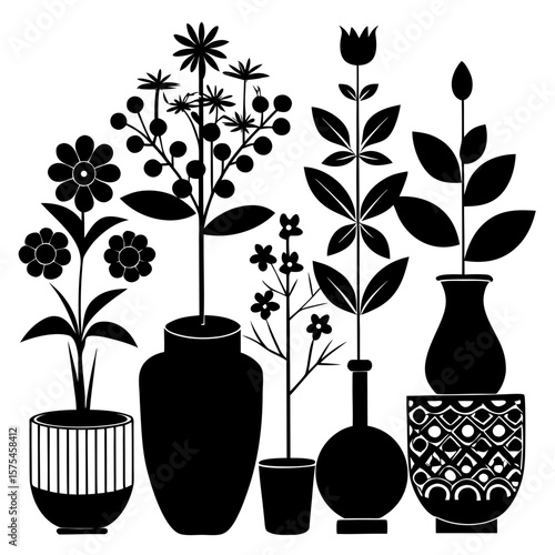 Black silhouette flower pots and plants on white flowers vases