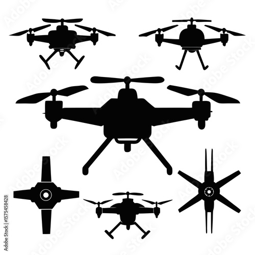 Black drone silhouettes various angles quadcopter aerial vehicle