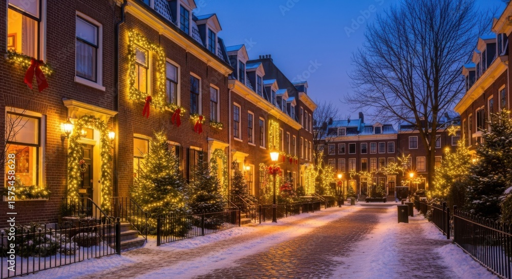 Naklejka premium Festively Decorated Townhouse Row with Christmas Lights and Snowy Street Scene at Night