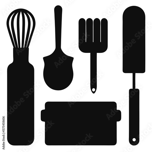 Black silhouettes of baking utensils and cookware kitchen tools
