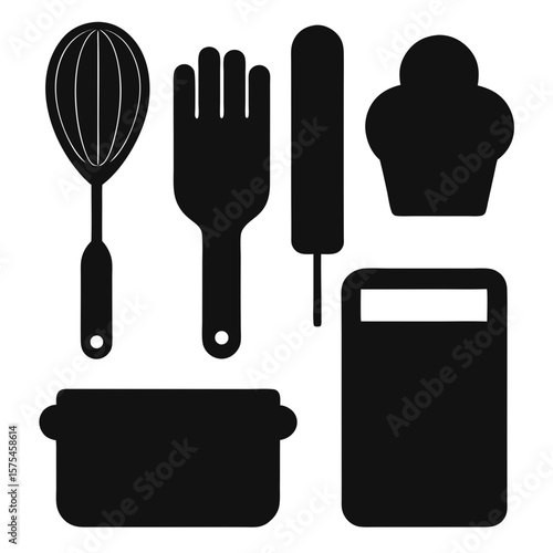 Black silhouettes of baking utensils and cookware kitchen whisk