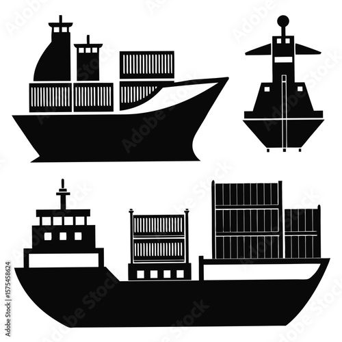 Black silhouettes of cargo ships and containers container ship freight