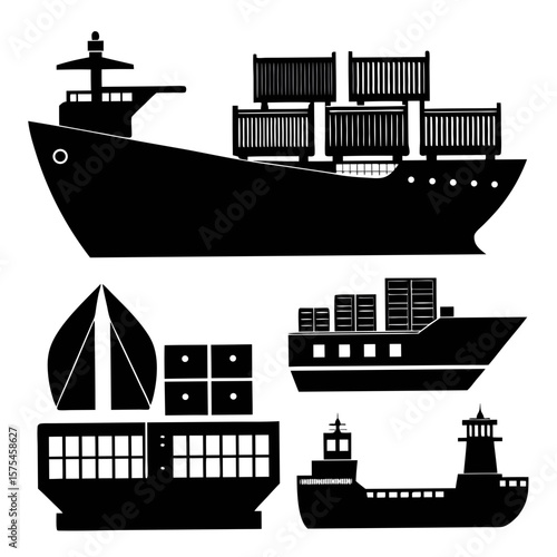 Black silhouettes of cargo ships and containers container ship freight transport