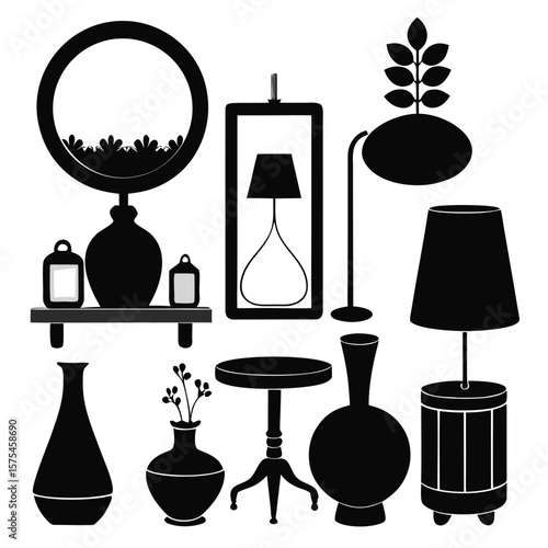 Black silhouettes of decorative interior objects including vases lamps and a table