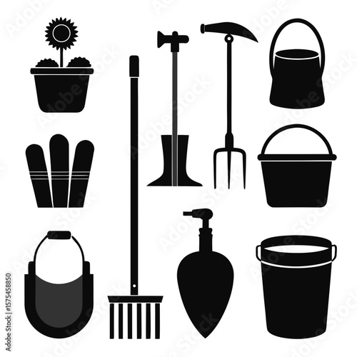 Black silhouettes of garden tools and plant gardening flower