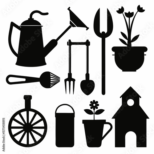 Black silhouettes of garden tools and plants watering can shovel