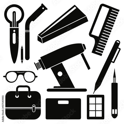 Black silhouettes of office supplies and accessories stationery writing instruments