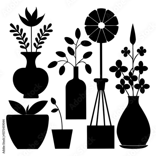 Black silhouettes of potted plants and vases floral