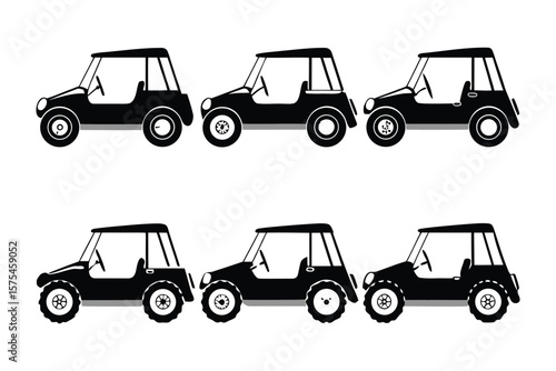 Golf Cart Variations: A collection of six sleek, side-profile illustrations of golf carts, showcasing subtle design variations in a simple black-and-white aesthetic.  Ideal for website design.