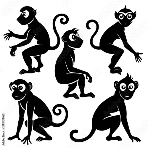 Black monkey silhouettes in various poses primate animal