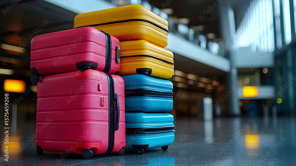 Fototapeta premium Colorful Travel Luggage Stacked at Airport Terminal on Smooth Floor