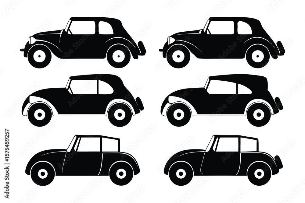 Naklejka premium Classic Car Silhouette Collection: A meticulously crafted series of vintage car silhouettes, embodying the enduring charm and iconic design of a bygone era.