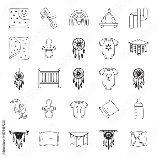 Assorted baby themed drawings in a seamless arrangement set of icon