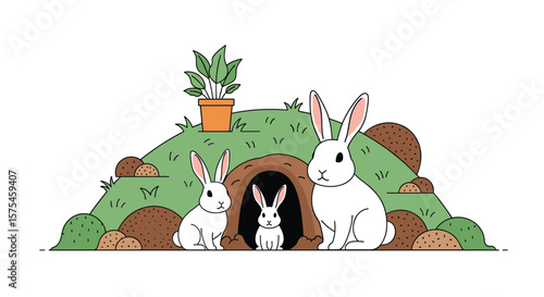 A family of fluffy white rabbits emerging from their cozy burrow nestled amongst green hills