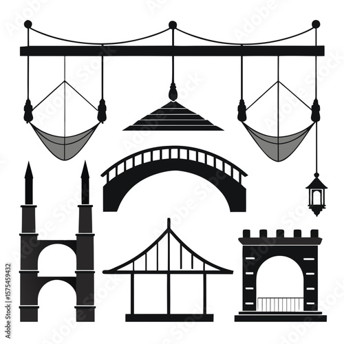 Black silhouettes of bridges pagodas hammocks lanterns and towers