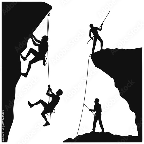 Black silhouettes of climbers ascending rocky cliffs