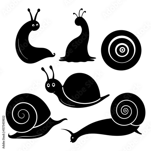Black snail and slug silhouettes in various poses white