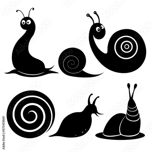 Black snail and slug silhouettes various poses white