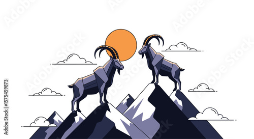 Two majestic ibex rams confront each other on a snow covered mountain peak under a bright orange sun