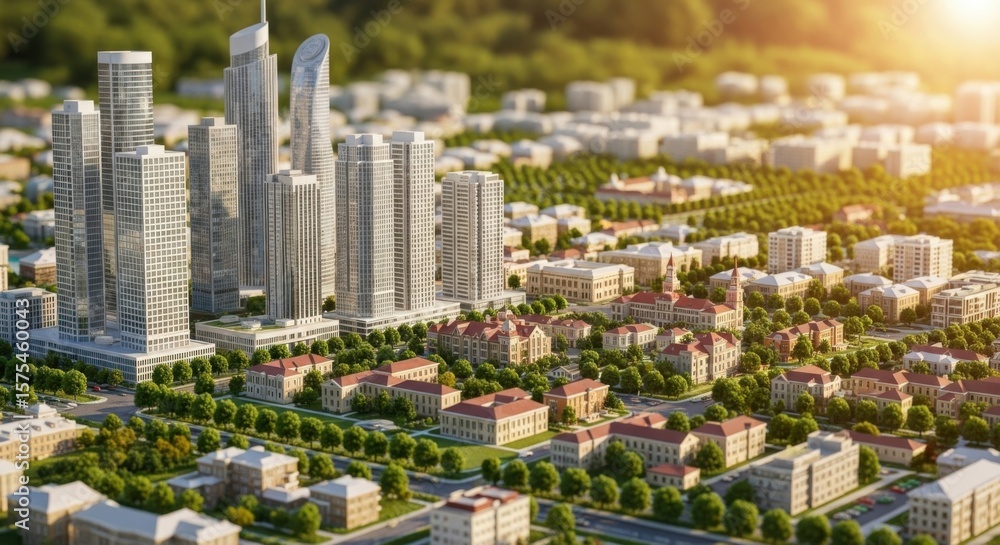 Obraz premium Modern City Skyline with Tall Skyscrapers and Residential Neighborhood at Sunset