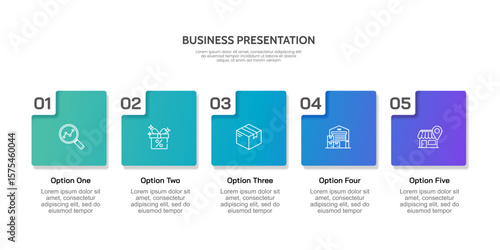 Gradient square with number Infographic 5 Options or Steps to Success. Presentation, Report, Banner and Poster. Vector illustration.