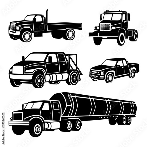 Black truck and lorry silhouettes on white background