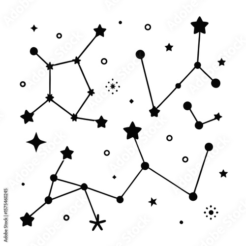 Black zodiac star constellations connected by lines and dots astrology stars