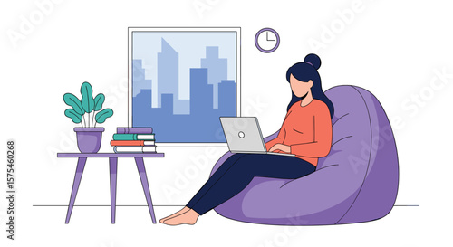 Young woman working remotely on a laptop while relaxing in a comfortable beanbag chair indoors with plants and books nearby