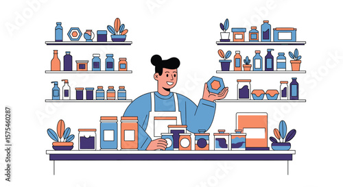 A cheerful shopkeeper presents a jar of delicious products behind a counter filled with various items
