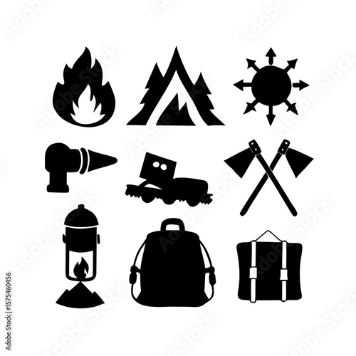 Camping Gear Silhouette Collection Tent Axe Fire Lantern vector