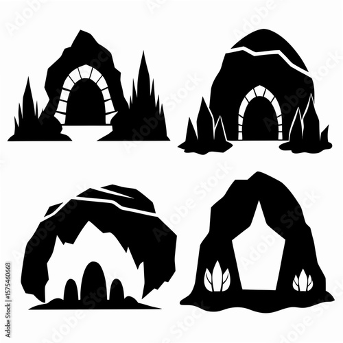 Cave entrances and tunnels silhouettes rock