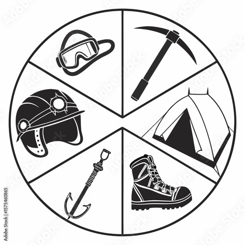 Climbing gear icons helmet goggles ice axe tent boot grappling hook mountaineering