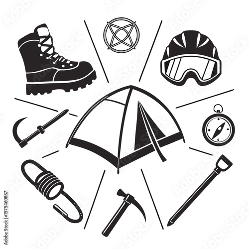 Climbing gear collection with tent and safety equipment mountain boot