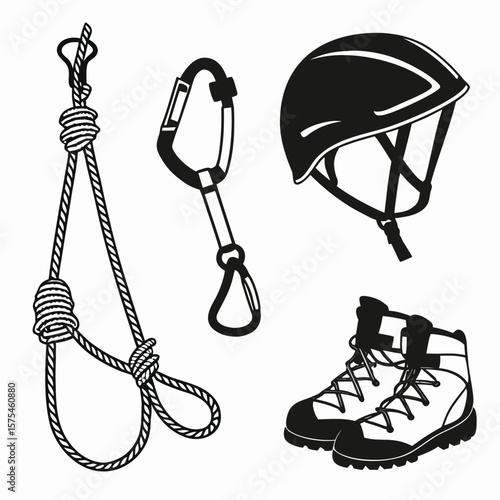 Climbing gear rope carabiner helmet boots vector