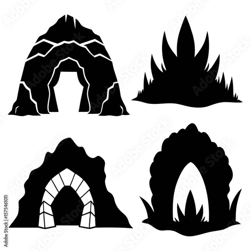 Cave entrances and tunnels silhouettes rock