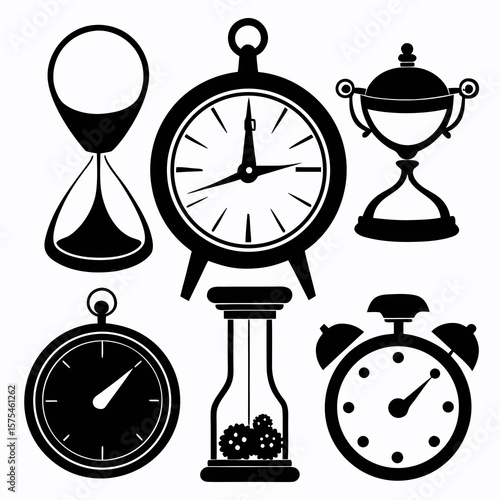 Collection of diverse timekeeping instruments hourglass pocket watch