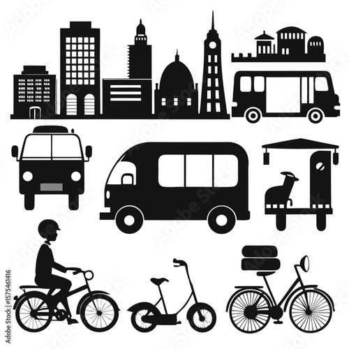Cityscape with diverse transportation modes silhouette