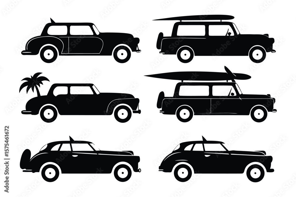 Fototapeta premium Classic Cars Vector Set: a curated set of classic cars illustration in vector format, embodying the timeless charm of automotive design and a spirit of adventure.