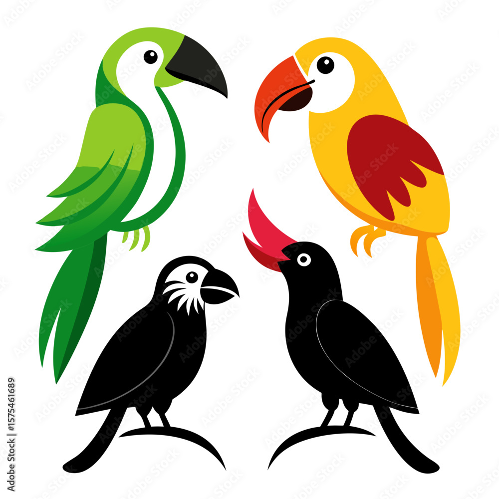 Fototapeta premium Colorful parrots perched on branches macaw toucan