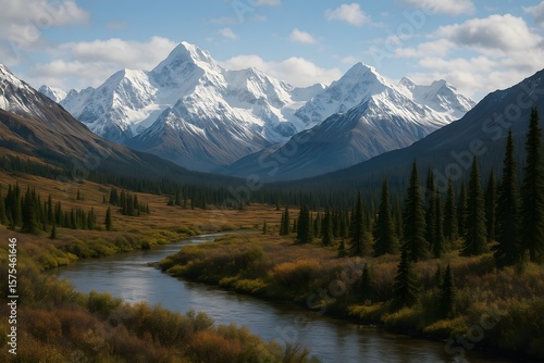 Scenic river flowing through a valley surrounded by evergreen forests and snow-capped mountain peaks under a beautiful sky.