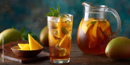 Refreshing Mango Ice Tea: A cold glass of refreshing mango ice tea is garnished with fresh mint leaves, alongside a pitcher filled with the same delicious beverage, surrounded by ripe mangoes.