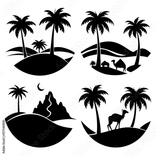 Desert oasis palm trees camel mountain crescent moon vector
