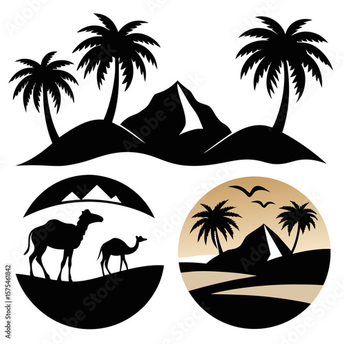 Desert oasis palm trees camels pyramids birds sand dunes vector