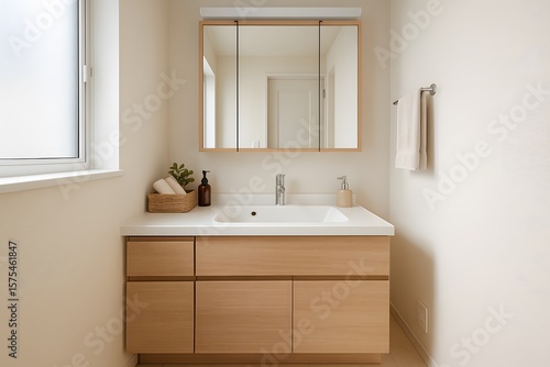 Modern bathroom featuring a light wood vanity with a white countertop and integrated sink. 