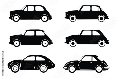 Vintage Car Silhouettes: A collection of classic cars depicted as sleek black silhouettes, exuding timeless elegance, showcasing the evolution of automotive design.