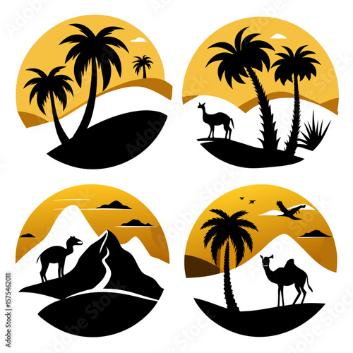 Desert oasis palm trees camel antelope birds mountains